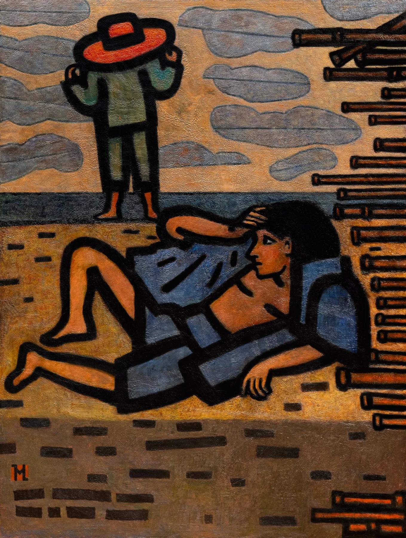 A woman lying on the sand gazes at the horizon; behind her, a man in a red hat