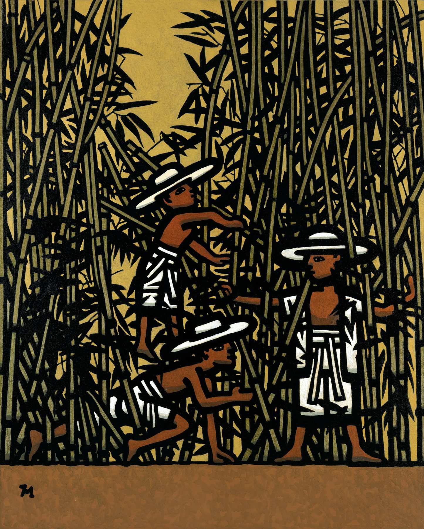Three figures in white hats playing in a dense bamboo grove