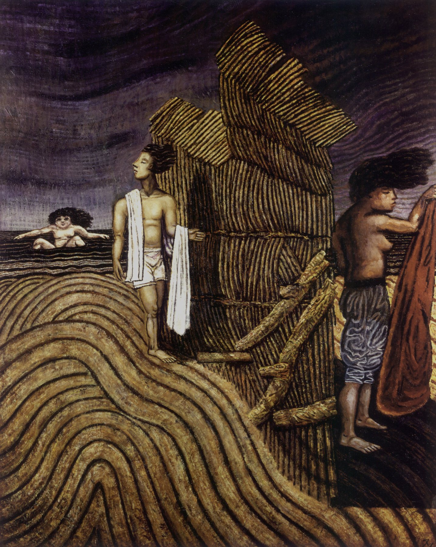 Figures beside a straw hut on the seashore, under a dark sky